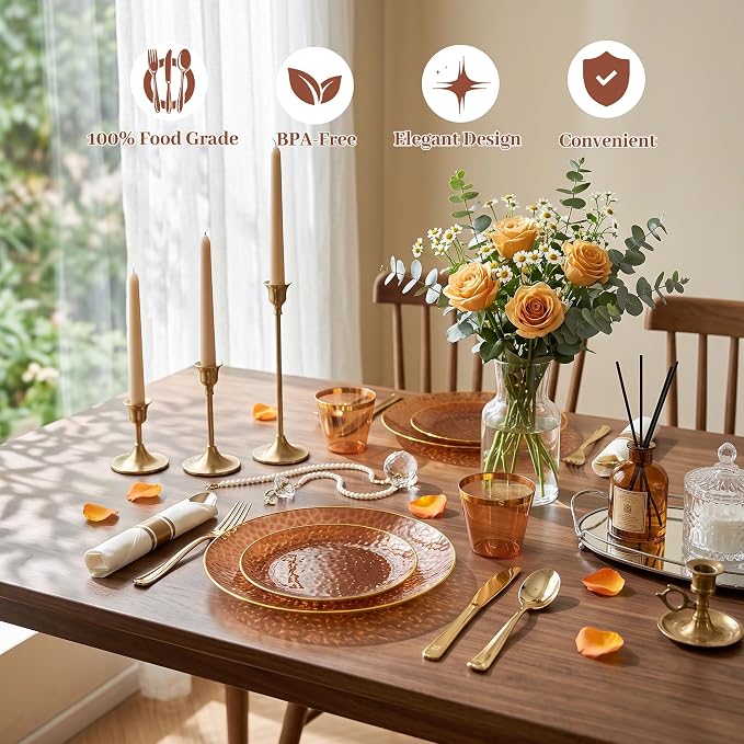 Rubtlamp 700Pcs Amber Gold Plastic Dinnerware Set, Hammered Clear Gold Plates, Fancy Plastic Plates Include 100 Dinner Platos, 100 Salad Platos, 100 Cups,100 Pack Pre Rolled gold plastic Silverware