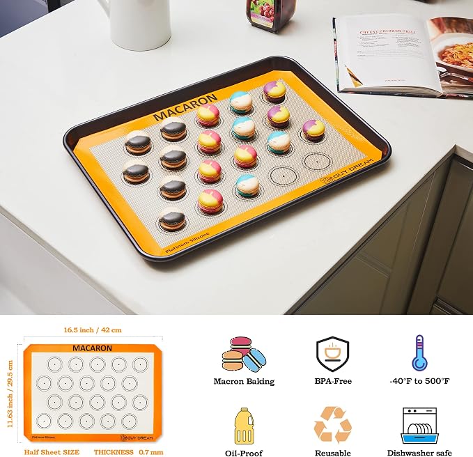 GUY DREAM All-in-One Silicone Baking Mat Set - Kneading Mat, Cookie & Macaron Half Sheet, 1/4 Sheet Mat, Square & Round Cake Mats, Artisan Bread Sling- Ideal Gift for Baking