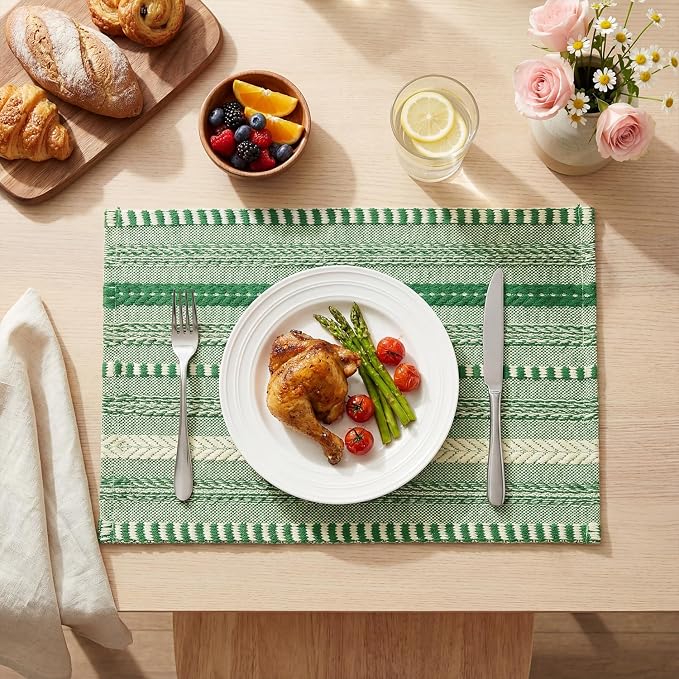 Artoid Mode Emerald Farmhouse Woven Braided Stripe Placemats Set of 4,12x18 Inch Seasonal Holiday Table Mats Party Kitchen Dining Decoration