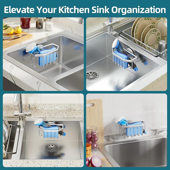 TAILI Sink Caddy with Strong Suction Cup, Sponge Holder for Sink-Silver | for Kitchen Sink Organizer, Removable Sponge Caddy Inside Sink, Rustproof Aluminum Holder for Sponges, Brushes, Scrubber