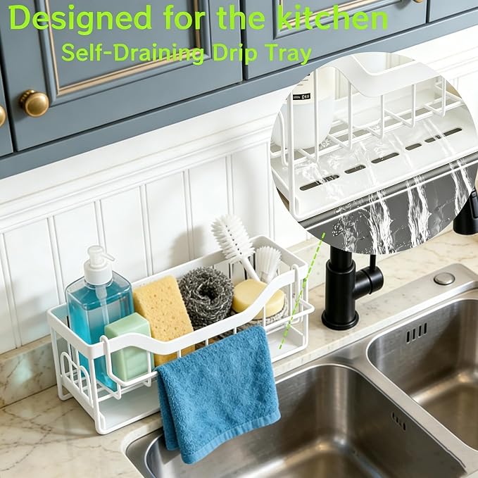 Sponge Holder for Kitchen Sink - Sink Caddy Organizer with Auto Drain Tray, Detachable Towel Rack, Stainless Steel Kitchen Counter Organizer Rack (White)
