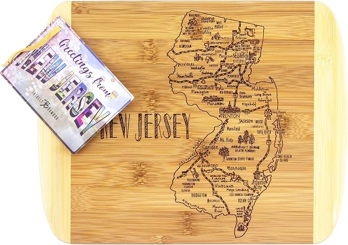 Totally Bamboo A Slice of Life New Jersey Engraved Map Cutting Board | 11” x 8.75” charcuterie board with engraved state map artwork. Smooth reverse side for food prep. Hang tie for wall display.