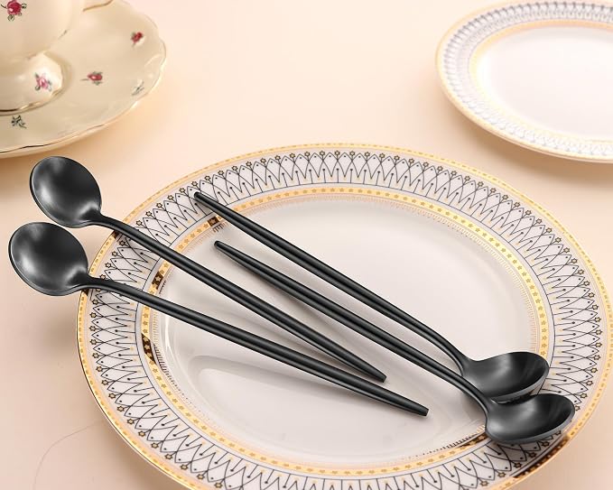 7.95 Inch Matte Black Iced Tea Spoons,4 PCs Sturdy Long Spoon For Stirring Coffee,Cocktail,Milk,Dessert,SS18/10 Satin Black Long Handle Iced Teaspoons For Mixing