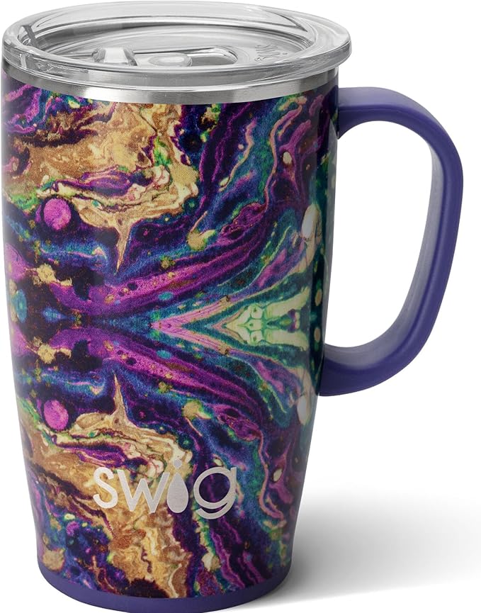 Swig Stainless Steel Insulated Travel Mug, 18 oz, Purple Reign, Double Wall Vacuum Sealed, Dishwasher Safe, Cup Holder Friendly | Triple Insulated Stainless Steel - Handle & Lid Included - Keeps Coffee Hot or Cold - Cup Holder Friendly