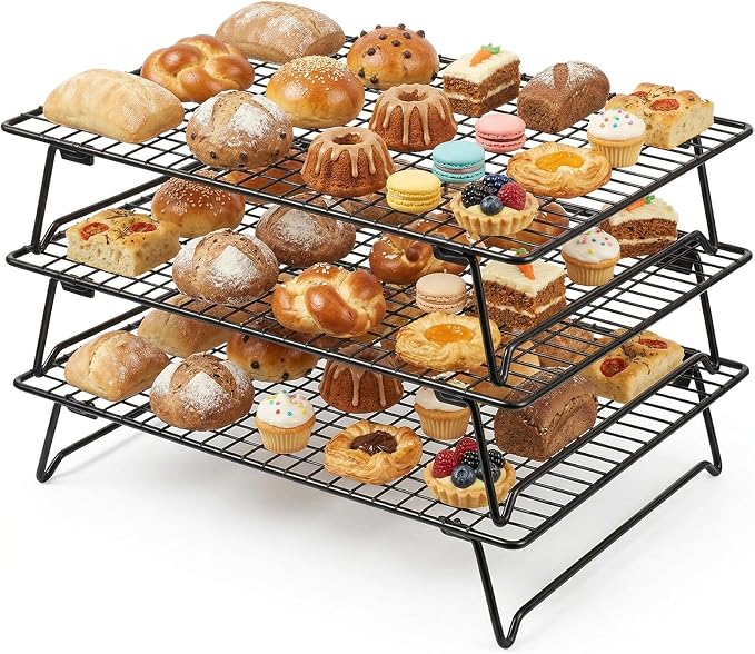 Kifmurase 3-Tier Stackable Baking Racks Cooling Carbon Steel Wire Rack | 13.39 x 9.37 Inch, with Folding Legs, for Cookie Cake Pizza, Multi-Use Oven Rack, for Cooking, Roasting, Drying