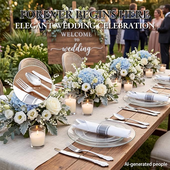 400PCS Pre Rolled Silver Plastic Silverware Sets Fancy for Wedding | Individually Wrapped Utensils, 100 Guests, Durable and Sturdy, BPA free, Includes Matching Napkins, for Formal Party Dinners