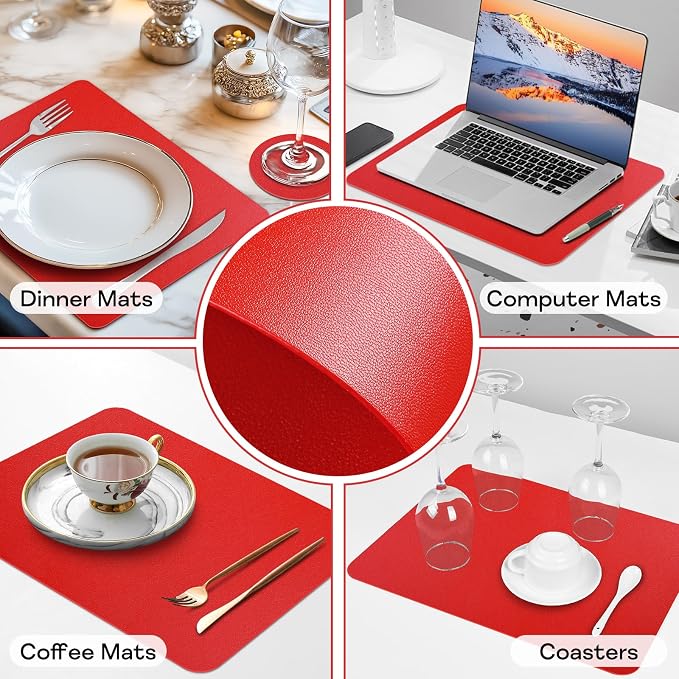 Faux Leather Placemats Set of 6 Waterproof Table Mats with Coaster | 17×12 In Heat Resistant Place Mats Set of 6 Wipebale & Washable Table Placemats for Kitchen Dining Indoor & Outdoor BrightRed