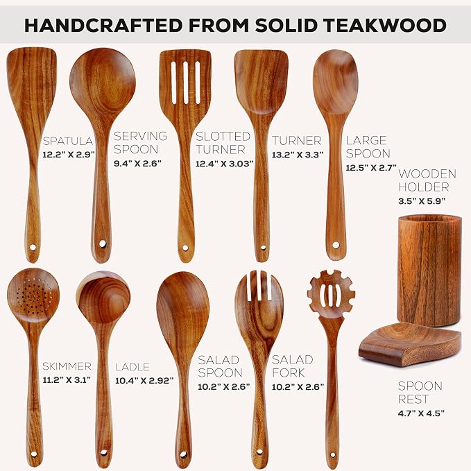 Zulay Kitchen 12-Piece Teak Wooden Utensils for Cooking - Natural Teak Utensil Set with Premium Gift Box - Non-Stick Wooden Spoons for Cooking - Kitchen Gift Set - Comfortable Grip Wooden Utensil Set