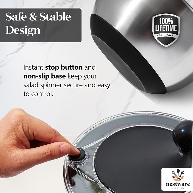 Stainless Steel Salad Spinner Large, 5.3 Qt - Lettuce, Vegetable & Fruit Washer & Dryer with Quick-Stop Brake Button, Colander Basket & Non-Slip Base (304 Stainless Steel - Black)