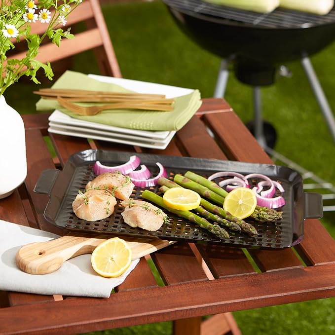 RSVP International Porcelain Coated Steel BBQ Grill Tray/Pan, Outdoor Barbeque Grilling Accessories for Cooking Fish & Vegetables, Dishwasher Safe, Medium, 16.75x10"