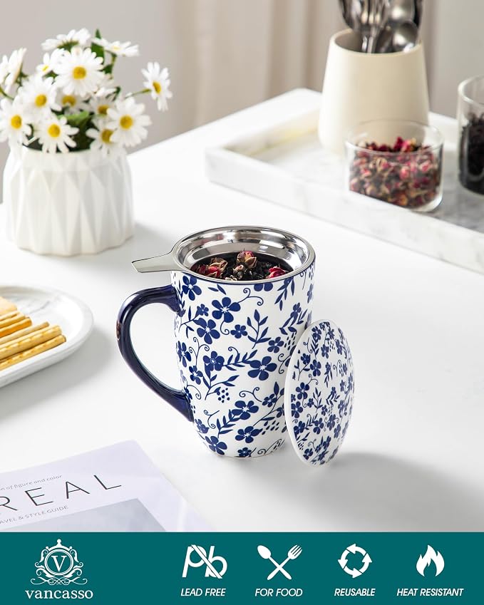 vancasso SELENE Porcelain Tea Mug, 18 oz Porcelain Tea Cup with Infuser and Lid Steeps Loose Leaf Tea, Microwave & Dishwasher Safe, Five-Leaf Clover