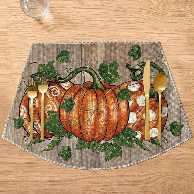 Artoid Mode Pumpkins Vine Fall Wedge Placemats Set of 4-12 x 18 Inch | Heat-Resistant, Washable Table Mats, Seasonal Autumn Polka Dot Kitchen Dining Decor