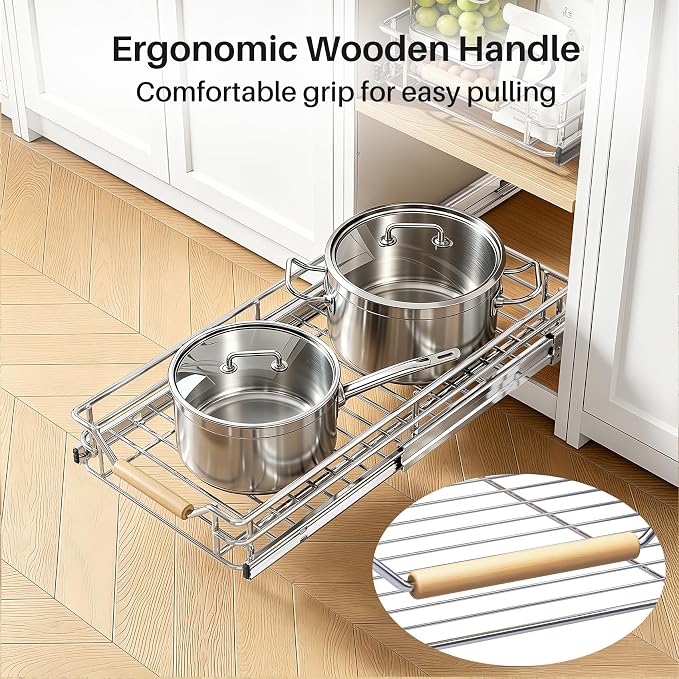 Pull out Cabinet Organizer, 9"W X 21"D, Heavy Duty Smooth Sliding Under Cabinet Shelves for Pots and Pans, Full-Extension Roll out Drawers, Slide out Organization for Home Kitchen Pantry