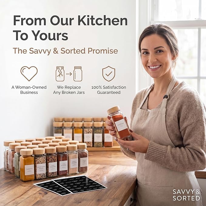 SAVVY & SORTED Glass Spice Jars with Label, 24PK Bamboo Jar Spices Set 4oz, 374 Spice Labels, Pepper Grinder, Empty Herb Seasoning Containers, Funnel and Shaker Lids