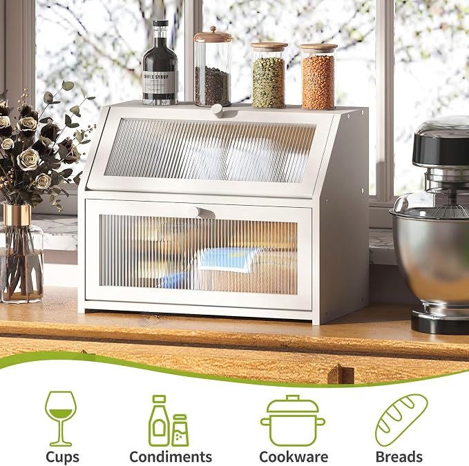 BMOSU Large Bread Box for Kitchen Countertop,Double Layer Bread Box for Kitchen Counter,Bamboo Wood Bread box Capacity Bin Storage(White)