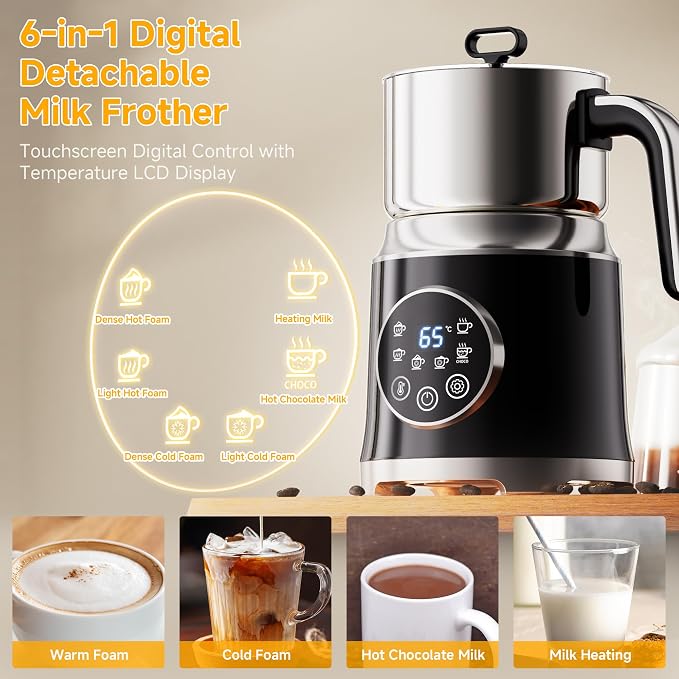 6-in-1 Electric Milk Frother and Steamer, Large Capacity Foam Maker | Detachable Automatic Milk Frother for Hot & Cold Foam, Hot Chocolate Maker, BPA-Free Electric Coffee Drink Mixer