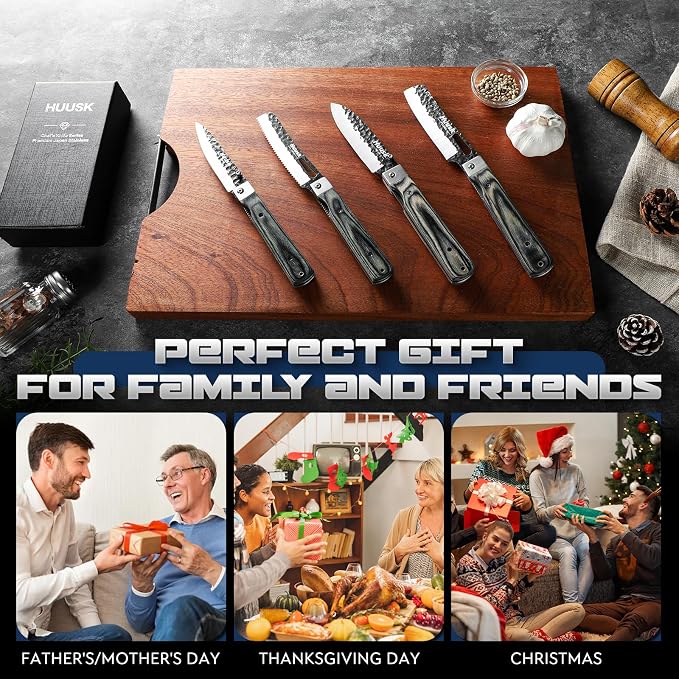 Huusk Folding Chef Knife Set - Japanese Pocket Knife Set | Including Nakiri, Santoku, Bread and Fruit Knives, Hand Forged Blade, Wooden Handle, Gift Box