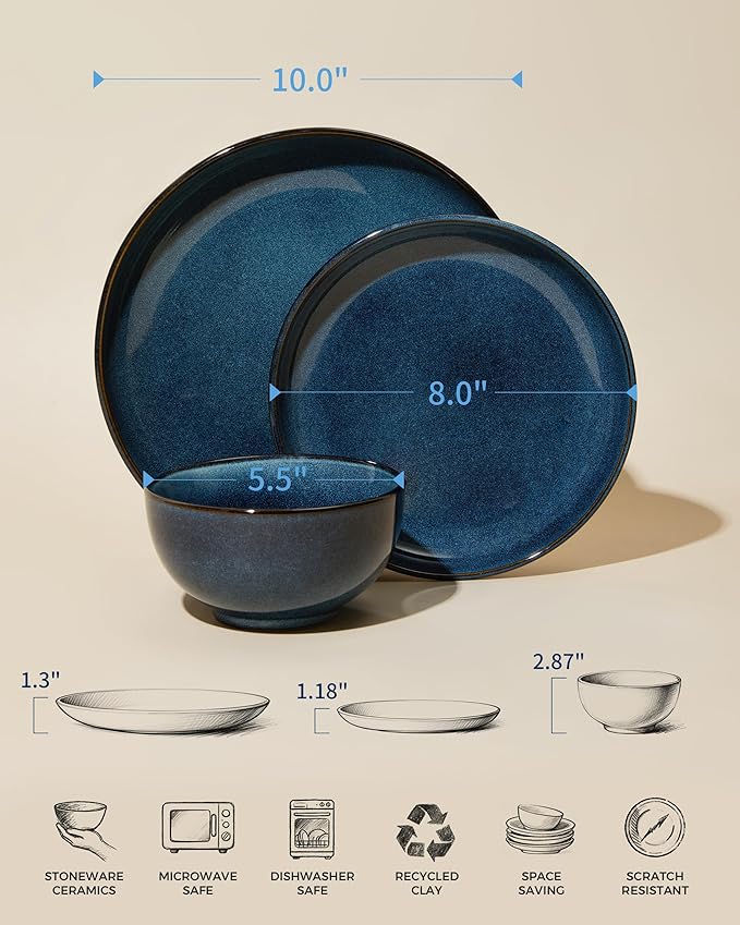 24 Piece Dinnerware Sets for 8, Modern Stoneware Plates and Bowls Setst, Perfect for Family Gatherings & Holiday Celebrations, Easy Cleaning Dishes Set, Stack Compactly Dishware, Starry Blue