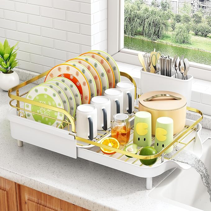 SAYZH Expandable Dish Drying Rack for Small Kitchen Counter, Gold | Stainless Steel, Protective Guardrail, Angled Drainboard, Fits High-Rim Sinks, Removable Utensil Holder