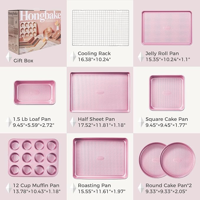 9-Piece Baking Pans Set Nonstick, Stackable Non Toxic Bakeware Sets with Diamond Texture, Oven Pan Set for Cooking, Includes Cookie Sheet with Rack, Cake Pan, Roasting Pan, Muffin Tin, Pink