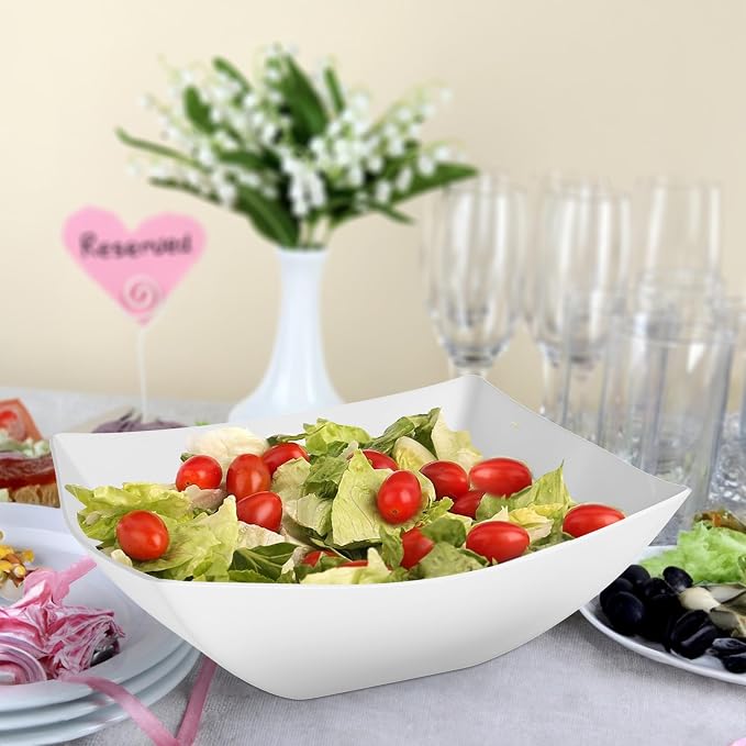 R-kay 6 Pack Square Extra Large Plastic White Serving Bowls -128 Oz White Plastic bowls - Salad Bowls Large Serving, Premium Heavy Duty For Weddings Catering And Birthday parties