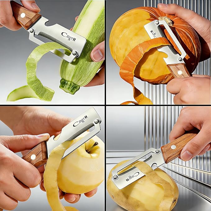 TEEVEA Left-Handed Vegetable Peeler 2-in-1 Stainless Steel Wood Handle | Multifunctional with Built-in Bottle Opener, Zero Flex Zero Snag Blade, Ultra Sharp for Fruit Potato Apple Veg, Kitchen Tool