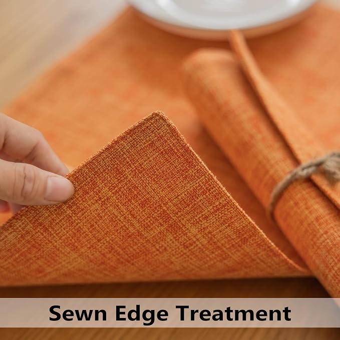 Demetex Fall Placemats Set of 4 Orange Linen Place Mats Decorative Heat Resistant Cloth Table Mats for Party Birthday Gathering Dinner, 13x19 inch, Orange