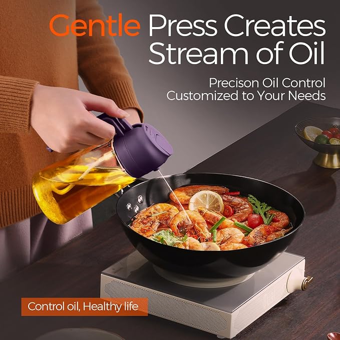 YARRAMATE 16 oz 2-in-1 Glass Olive Oil Sprayer for Cooking, Purple | Food-grade dispenser bottle, 470 ml, spray and pour, portion control, stickers included, for salad, frying and BBQ