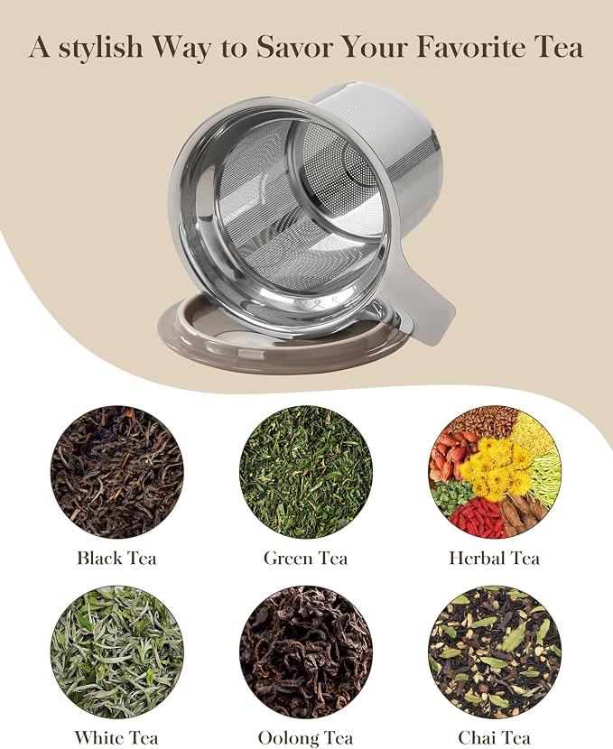 MALACASA Ceramic Tea Mug with Lid and Stainless Steel Infuser, 18 oz Large Tea Cup for Loose Leaf Tea, Heat-Resistant, Microwave & Dishwasher Safe, Speckled Glaze Coffee & Tea Brewer Mug, Khaki Brown