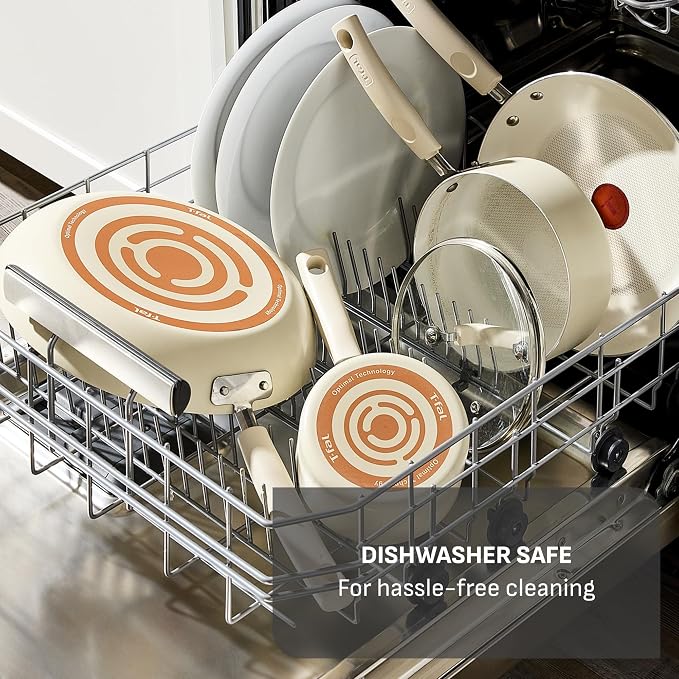 T-Fal Signature Nonstick Frying Pan Skillet Set, 8 in and 10 in, Cream | 3x longer-lasting nonstick coating, Thermo-Spot heat indicator, Oven safe to 350 °F, Dishwasher safe, No induction