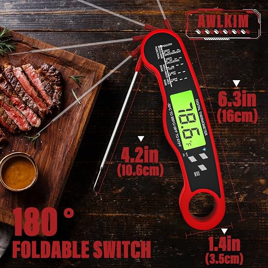 AWLKIM 2 Pack Meat Thermometer Digital, Instant Read Food Thermometer, Red | Waterproof cooking thermometer with doneness chart, backlight, F/C switch for BBQ, candy, oil