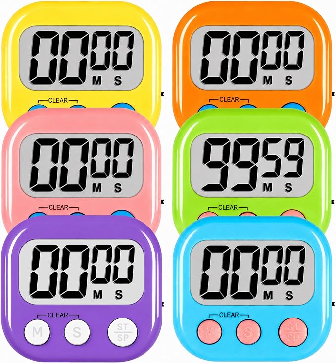 ZILLEEN Digital Kitchen Classroom Timers for Kids Cooking 6pcs MulticolorB | Strong Magnetic, Large Screen, Big Button, Kitchen Timers for Cooking Teacher Study, Blue Green Pink Purple Yellow Orange