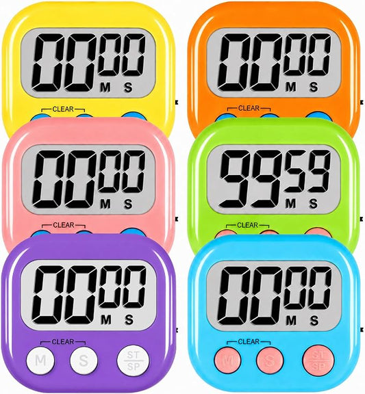 ZILLEEN Digital Kitchen Classroom Timers for Kids Cooking 6pcs MulticolorB | Strong Magnetic, Large Screen, Big Button, Kitchen Timers for Cooking Teacher Study, Blue Green Pink Purple Yellow Orange