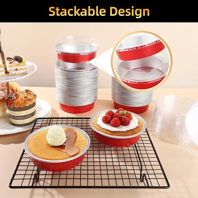 Beasea 4 Inch Disposable Tart Pans with Lids, 120 Pack 8oz Mini Pie Tins Creme Brulee Ramekins Bright Red Aluminum Foil Pie Tart Cake Baking Pans Individual Round Containers Oven Safe for Baking
