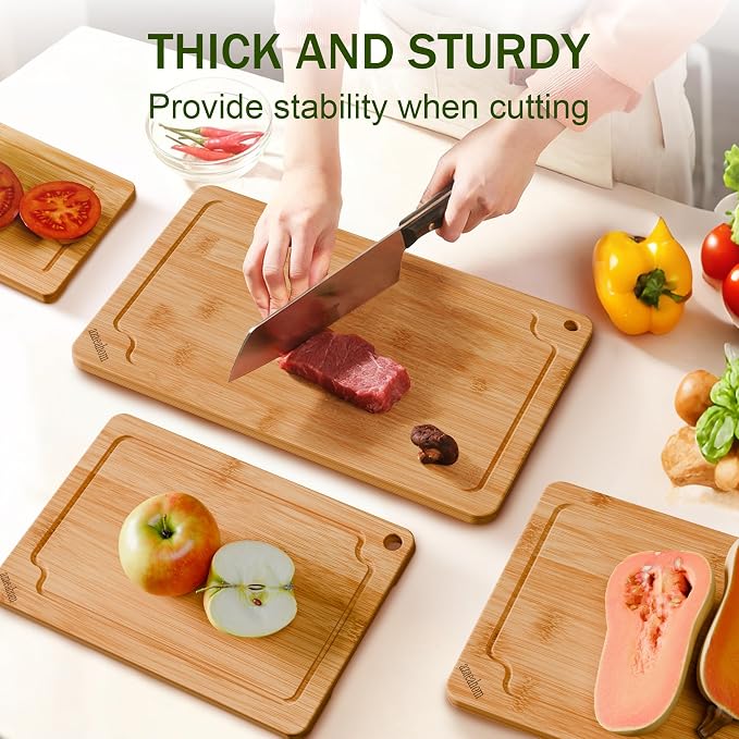 4-Piece Bamboo Cutting Board Set Serving Tray Juice GroovesHandles | Ideal for Meat Vegetables Fruit,Easy Storage & Quick Clean,Natural Wood Construction,Dual-Purpose as Serving Tray