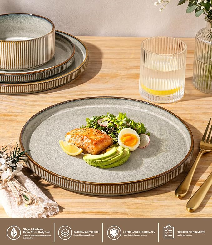 GBHOME Stoneware Dinnerware Sets for 4, 12-Piece Plates and Bowls Set | Handmade Reactive Glaze Ceramic Dish Set, Scratch Resistant, Dishwasher&Microwave Safe,Green Wheat