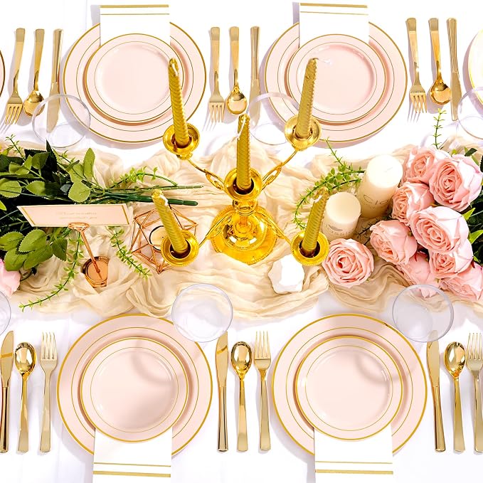 GATHER 700PCS Pink Plastic Plates 100 Guest with Gold Rim for Wedding Party | Pink Disposable Plastic Dinnerware Set include 200 Pink Plates, 300 Silverware, 100 Napkins, 100 Cups for Baby Shower