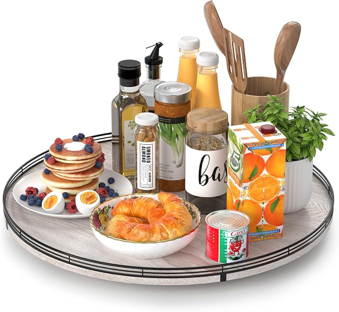 AMH 21-Inch Whitewashed Farmhouse Wooden Lazy Susan Organizer | Smooth rotating oak tray with walnut finish for dining tables, kitchen counters, pantries and cabinet storage.