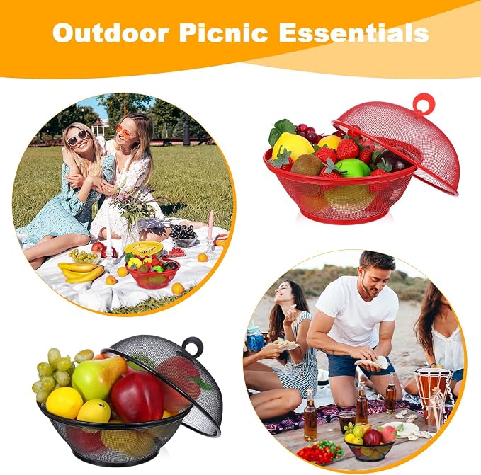 4 Pcs Mesh Food Cover with Lid, 10 Inch Iron Fruit Basket Fly Proof Strainer, Black and Red Metal Wire Container for Kitchen Countertop, Restaurant, Fruit Vegetable Storage