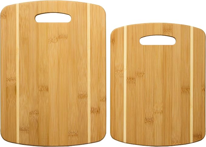 Totally Bamboo 2-Piece Cutting Board Set; 2 Assorted Sizes of Bamboo Wood Cutting Boards for Kitchen | Large and medium wood chopping boards. Everyday prep for produce, meat, fish and poultry. Built-in handle holes for storage.
