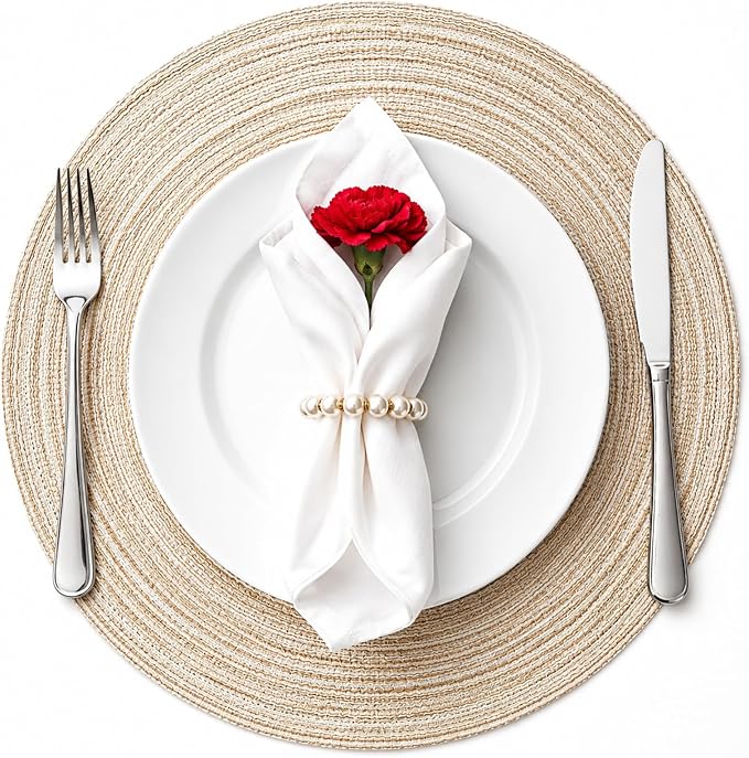 TaroKitc 15 in Round Placemats Set of 4, Washable Woven Placemats Heat Resistant Cotton Polyester Braided Table Mat, Non-Slip Circle Place Mats for Kitchen Dining Table Decor - Beige