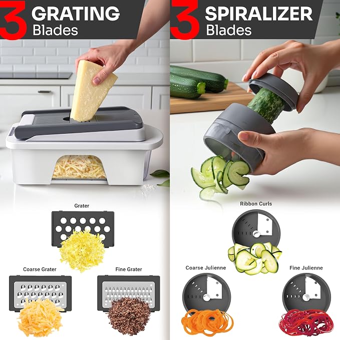 Mueller Pro-Series All-in-One, 12 Blade Mandoline Slicer for Kitchen | Spiralizer, Food Chopper, Vegetable Slicer, Cutter, Dicer, Grater, Kitchen Gadgets with Container, White Sand/Gray