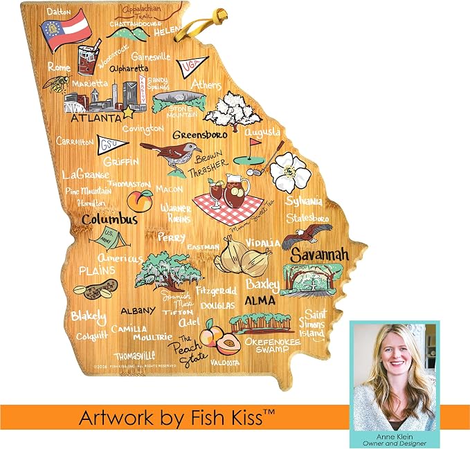 Totally Bamboo Georgia State Shaped Cutting Board, Art by Fish Kiss | State charcuterie board with colorful hand-drawn map artwork. Smooth reverse side for food prep. Hang tie for wall display.