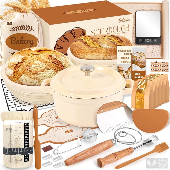 Sourdough Starter Kit Complete Set with Dutch Oven and Scale | 9" Round & 10" Oval Proofing Baskets, Sourdough Bread Baking Supplies, Beginner Kit Gifts for Bakers Women Wife Mom