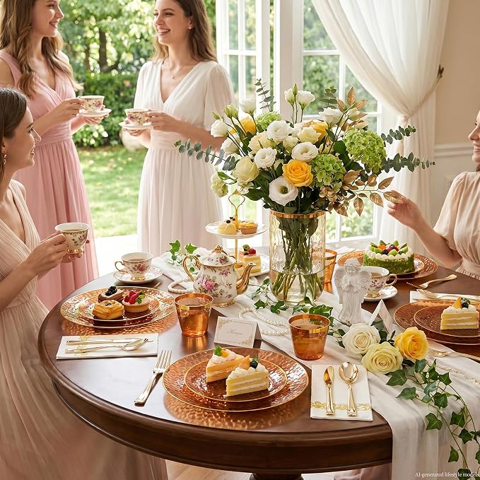 DaYammi 175PCS Clear Amber Plastic Dinnerware Set, Plastic Plates Disposable Hammered Disposable Plates for Party, Include: 25 Dinner Plates 25 Dessert Plates 75 Gold Silverware 25 Napkins 25 Cups
