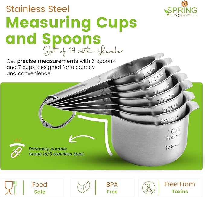 Spring Chef Stainless Steel Measuring Cups and Spoons Set of 14 w/Leveler | Nesting Metal Measuring Cups for Kitchen & Rectangular Teaspoon & Tablespoon Measuring Spoons for Dry and Liquid Ingredients