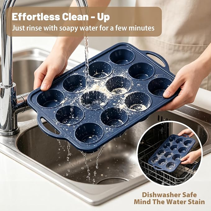 2 Pack Silicone Muffin Pan 12 & 24 with Frame Non Stick Cupcake Baking Tin | Silicone Mini Cupcake Pan with Handles, BPA Free Silicon Regular Muffin Tin Tray Small for Baking, Egg Bites Mold Vnray Grey
