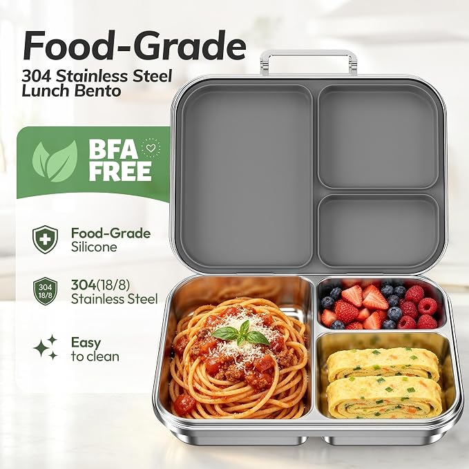 Stainless Steel Bento Lunch Box for Kids and Adults,3 Compartment Meal Lunch Box with Detachable Silicone Lid,Leak-Resistant Food Container with Snack Cup for School,BPA-Free(Grey)
