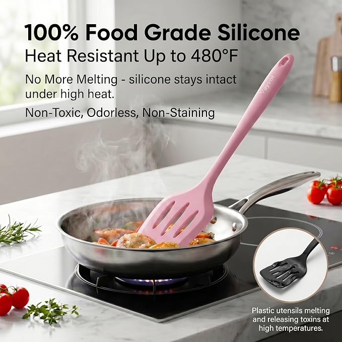 Vayvnt Cooking Utensils Set, 10PCS Non Toxic Silicone Set for Kitchen, Pink | Seamless construction, Soft Silicone for Nonstick Pan, Dishwasher Safe, Kitchen Gadgets for Home Apartment, Housewarming Gift