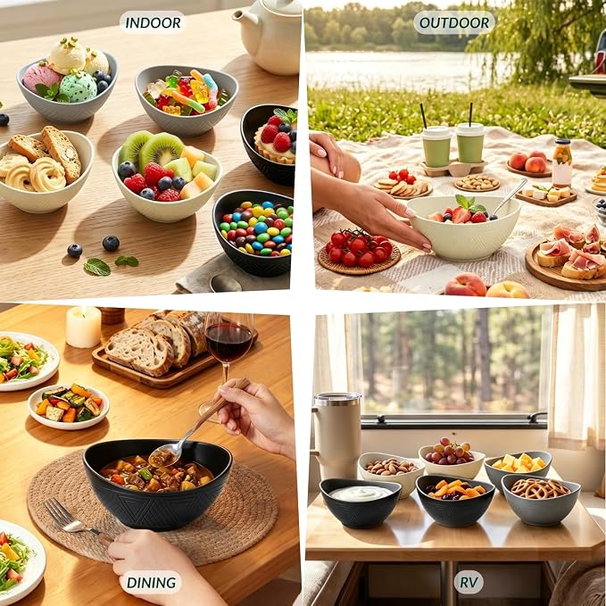 Wheat Straw Bowls 26 OZ Serving Bowls Oval Serving Dishes for Salad, Dinner, Cereal, Snack, Prep, Dessert Bowls Set Unbreakable Camping Bowls Microwave & Dishwasher Safe (6 PCS Grey Stone)